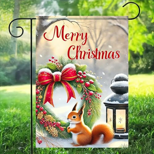 Image of BlissYard Christmas Squirrel Garden Flag 12x18 Inch Winter Forest Scene with Festive Greenery Ring Red Bow Snowy Landscape Holiday Outdoor Yard Banner for Home Lawn Patio Seasonal Welcome Decor