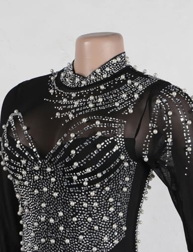 Image of WOKANSE Women's Formal Dresses Mock Neck Sexy Mesh See Through Long Sleeve High Slit Sparkly Rhinestone Prom Dress