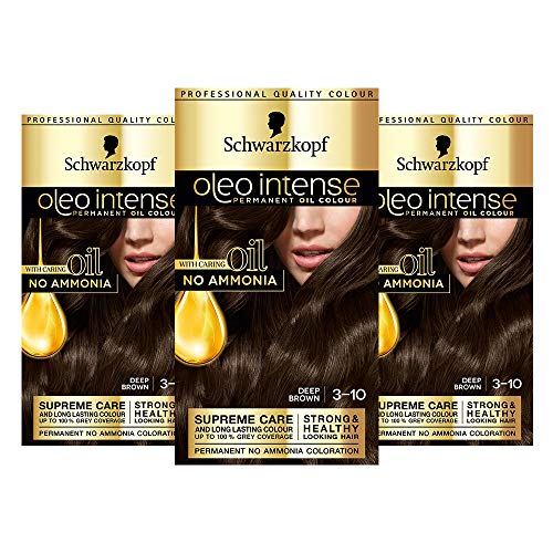 Schwarzkopf Oleo Tinte para el cabello castaño intenso, paquete de 3 colores permanentes, sin amoníaco, cubre gris, marrón oscuro 3-10