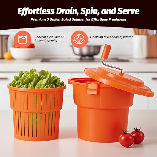 CLIVIA 5 Gal/20 Qt Large Commercial Salad Spinner Jumbo Manual Lettuce Dryer-Dries up to 7 Heads of Lettuces