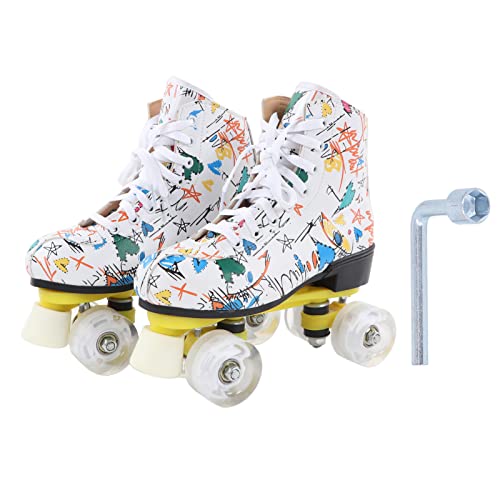 Roller Skates, White Graffiti Double Row 4 Wheel Skates Roller Skates Skating Size 38 Shoes for Kids Adults