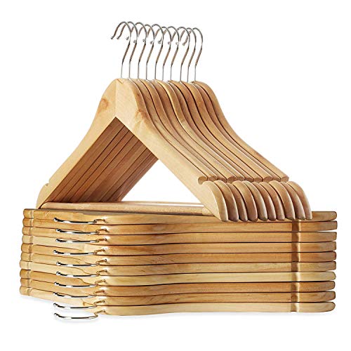 Image of Premium Solid Wooden Hangers (Pack of 10) | Durable Clothes Hangers with Non-Slip Bar, Cut Notches & 360 Swivel Hook for Heavy Coats, Suits, Shirts & Dresses - Smooth Finish (Beige) (10)