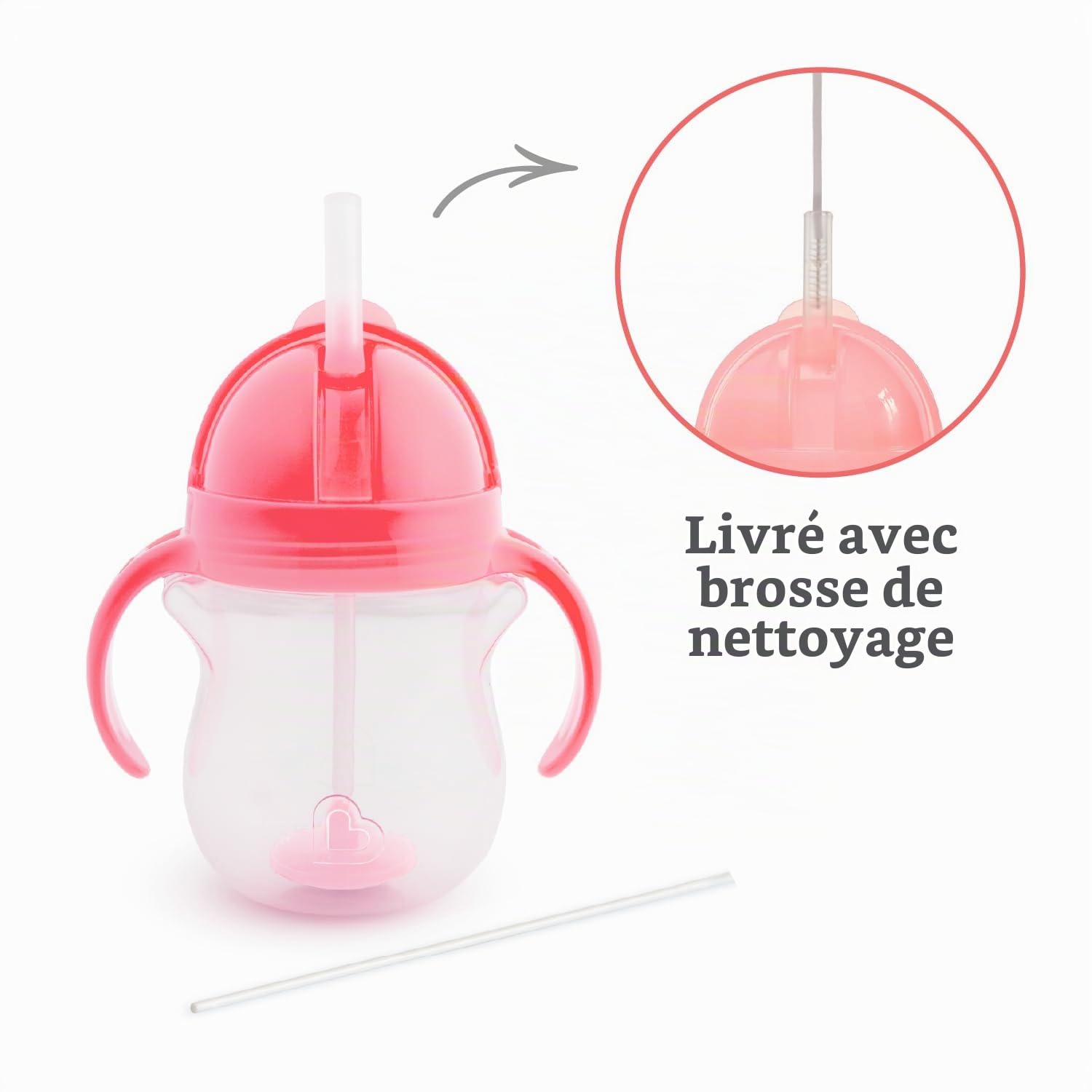 Munchkin Gobelet à paille Click Lock avec paille lestée, sans BPA, anti-fuite, passe au lave-vaisselle, 207 ml, rose