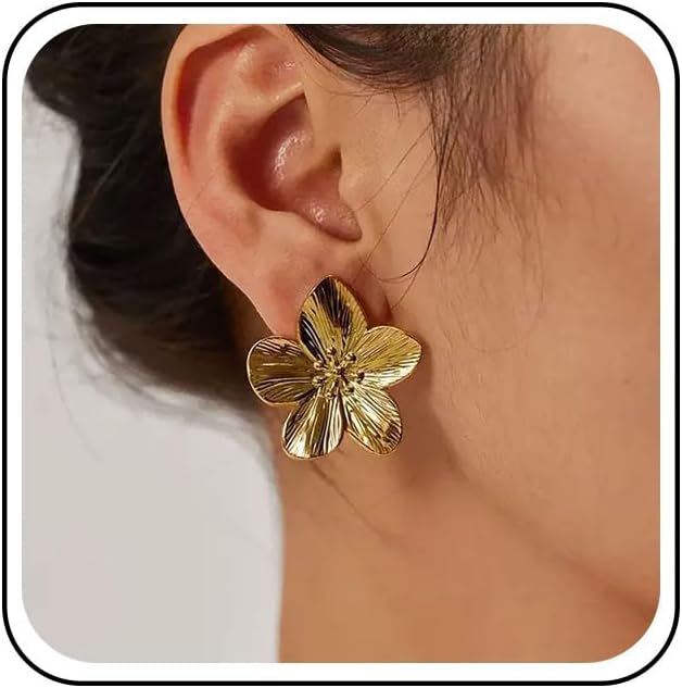 Vintage Large Flower Stud Earrings Big Metal Flower Earrings Statement Floral Petal Earrings Exaggerated Flower Dangle Earrings Jewelry for Women