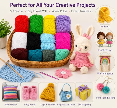 Image of Multicolor Acrylic Knitting Yarn Oon Set for Crochet & Crafting, 12 Assorted Color Wool Thread Bundle for DIY Knitting Sewing Embroidery Art Craft Projects, Soft Yarn Pack for Beginners & Kids