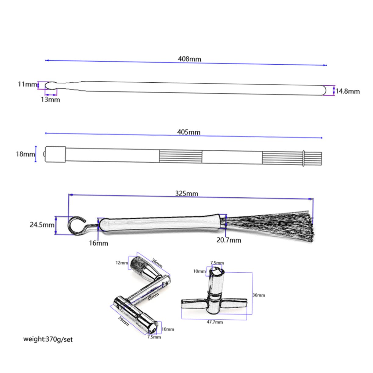 TOYANDONA 1set Bacchette e Chiave Accordatura Per Batteria Spazzole Professionali Per Jazz Strumento Per Musicisti e Principianti Design e Facile Usare
