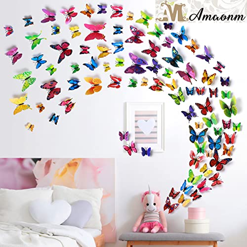 Amaonm® 72 Pcs 6 Packages Beautiful 3D Butterfly Wall Decals Removable Diy Home Decorations Art Decor Wall Stickers & Murals For Babys Bedroom Tv Background Living Room (Colorful, Six Color) #TOP1