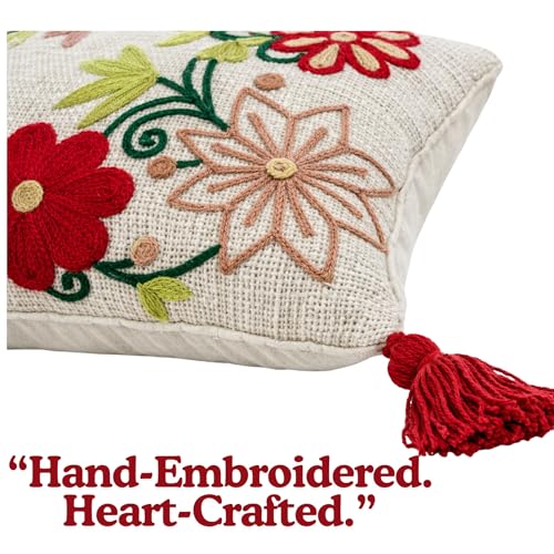 Image of Embroidered Floral Lumbar Throw Pillow Cover with Filler, Red Tassels, 12x20 Inches