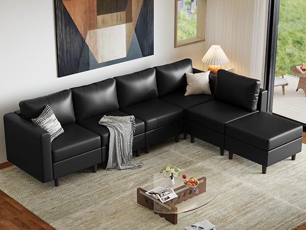 Image of ABCASA Faux Leather Sectional, Modular Sectional Sofa with Storage Seats, 6 Seat Faux Leather Modular L Shaped Couches with Movable Ottoman for Living Room,Black