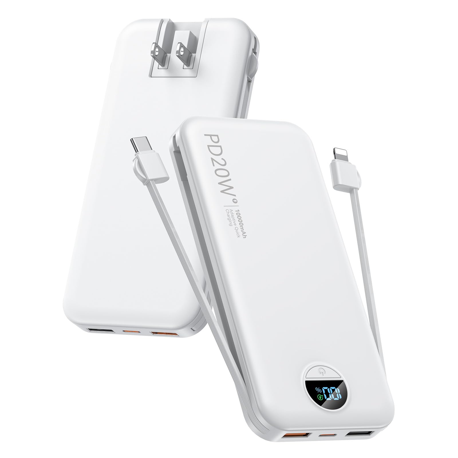 Amazon.com: Portable Phone Charger, 10000mAh PD20W Fast Charging Power Bank  with Built-in Cables & Wall Plug, External Battery Bank with LED Display,  Travel Essential Battery Pack for iPhone, iPad, Samsung White :