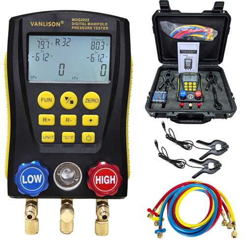 Vanlison Pro-Grade Digital Manifold Gauge Set HVAC Gauges AC Refrigerant Diagnostic Tool w/112 Refrigerant Database Dual Temp & Pressure Sensors Leak Test Backlit LCD