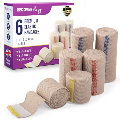 Recoverology Premium Elastic Bandage Wrap with Self-Closures 6 pack (2x5cm 2x7.5cm 2x10cm) Compression Bandage Wraps for Wrists Elbows Ankles Knees Thighs and Torso - Self Adhesive