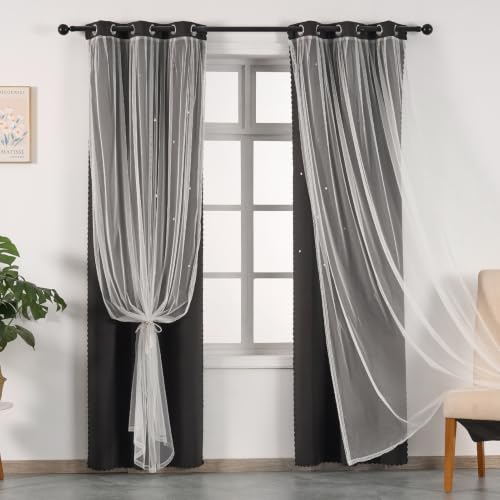 Image of indistar Star Cutout Kids Window Blackout Curtains for Girl Bedroom Window Room Darkening Curtains & Drapes Baby Nursery Curtains (2 Panel,35Wx84L inch,Black)
