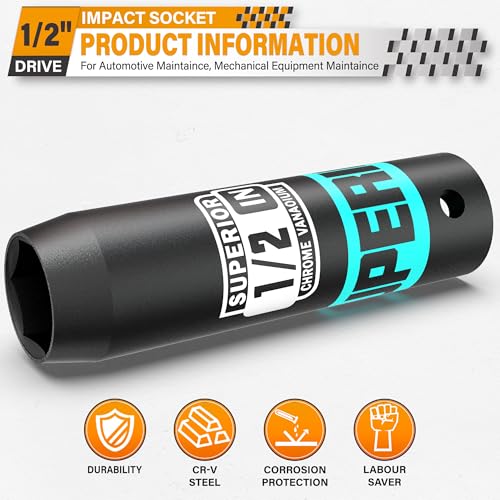 Image of 1 /2 inch Drive Impact Socket, 1 /2 inch Deep Socket, SAE, 6 Point, CR-V, for Car Repair, Loosen the Fastening Nut