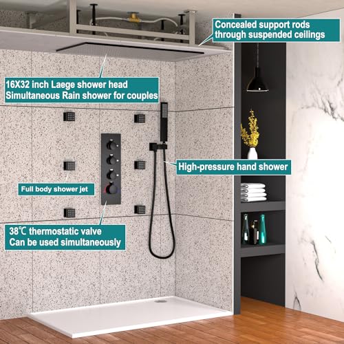 Enga sistema de ducha de lluvia grande con jets corporales, cabezal rectangular de 16x32 pulgadas con conjunto de mano, flujo ajustable, funciones simultáneas, acabado negro mate miniatura 3