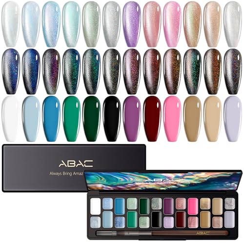 ABAC 24-Color Magnetic Cat Eye Gel Polish Set,Winter Collection Solid No-Spill Cream Gel with Pro Brush,HEMA-Free Cruelty-Free Nail Art Kit
