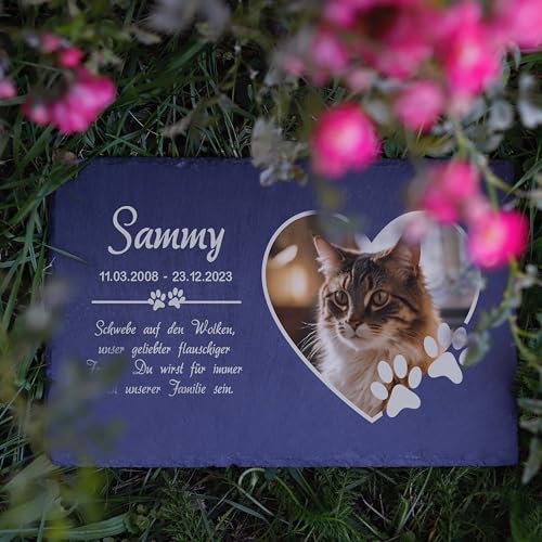 LAUBLUST Personalisierte Grabplatte mit Name & Foto als Grabschmuck für Hund, Katze & andere Haustiere - Pfoten, 3 Größen | Schieferplatte mit Gravur als Tiergrabstein Deko & Tiere Grabtafel