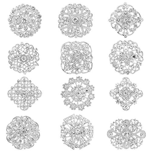 ARTIBETTER 12Pcs Women Crystal Flower Corsage Bridal Corsage Brooch Pin Bling Jewelry Shiny Scarf Pins for Women Girls Decoration Supplies Silver