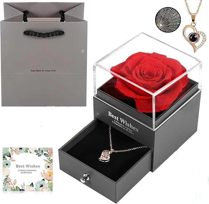Necklace Gift for Girlfriend, Wife I Love You in 100 Languages Projection Necklace Heart Pendant with Red Rose Flower in Box, Rose Gifts For Birthday, Engagement Wedding Anniversary Mom on Mother’s Day