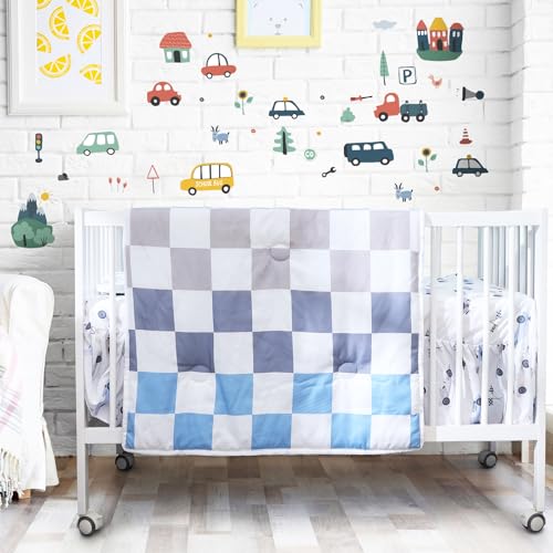 Image of SmoothNovelty 5 Pcs Cars Theme Baby Crib Bedding Set Include Checkered Crib Sheets Bed Skirt Comforter Pad Cover Wall Stickers for Boys Transportation Nursery Room Decoration