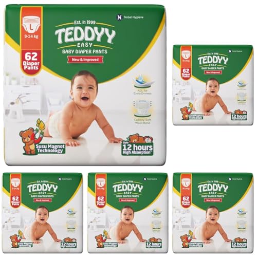 Image of TEDDYY Easy Baby L Size Diaper Pant Style | 62 Count (Large) | 9-14 kg (Pack of 5) | Long Protection Hours | Anti-Bacterial | Airy Breathable Fit | Rapid Soaker Channels & Wetness Indicator