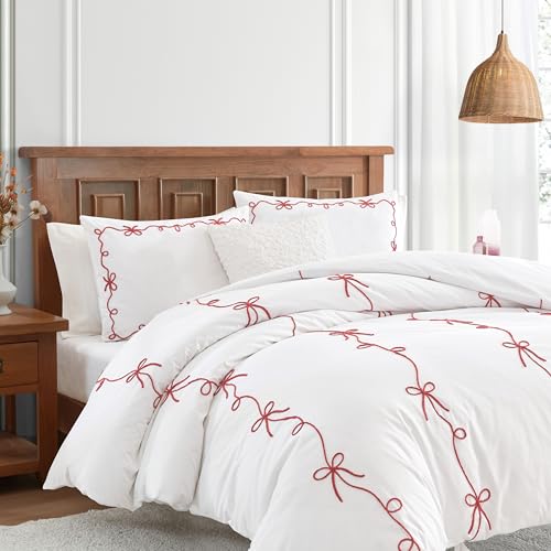 Peri Home Bow Bedding Duvet Cover Cottage Core Vintage Country 100% Cotton 3-Piece Set, King, Chili Red Sasha Bows