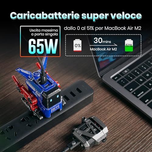 Caricabatterie rapido GaN Alpha da 65W, caricabatterie rapido a 3 porte con presa multipla da viaggio, caricabatterie universale per UK/EU/USA, per iPhone, MacBook, iPad (Blu) - Gadget - Immagine 3