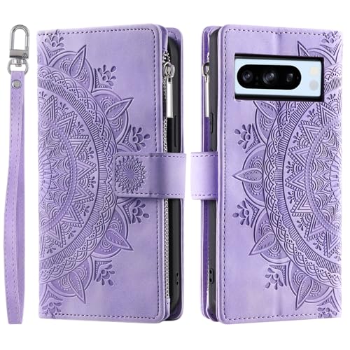 VEEMOS Wallet Case for Google Pixel 8 Pro Flower Flip Case Protective Leather Folio Book Phone Cover with Card Slots Kickstand Zipper Pocket