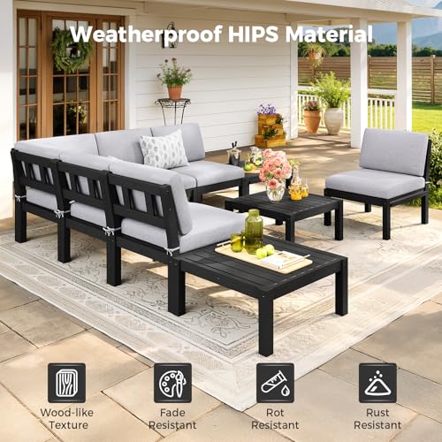 Image of Modular Outdoor Patio Furniture Coffee Table, HIPS All-Weather Outdoor Sectional Sofa Table, Side Interlock for Expansion, Patio Side Table for Backyard, Balcony, Deck (Black)
