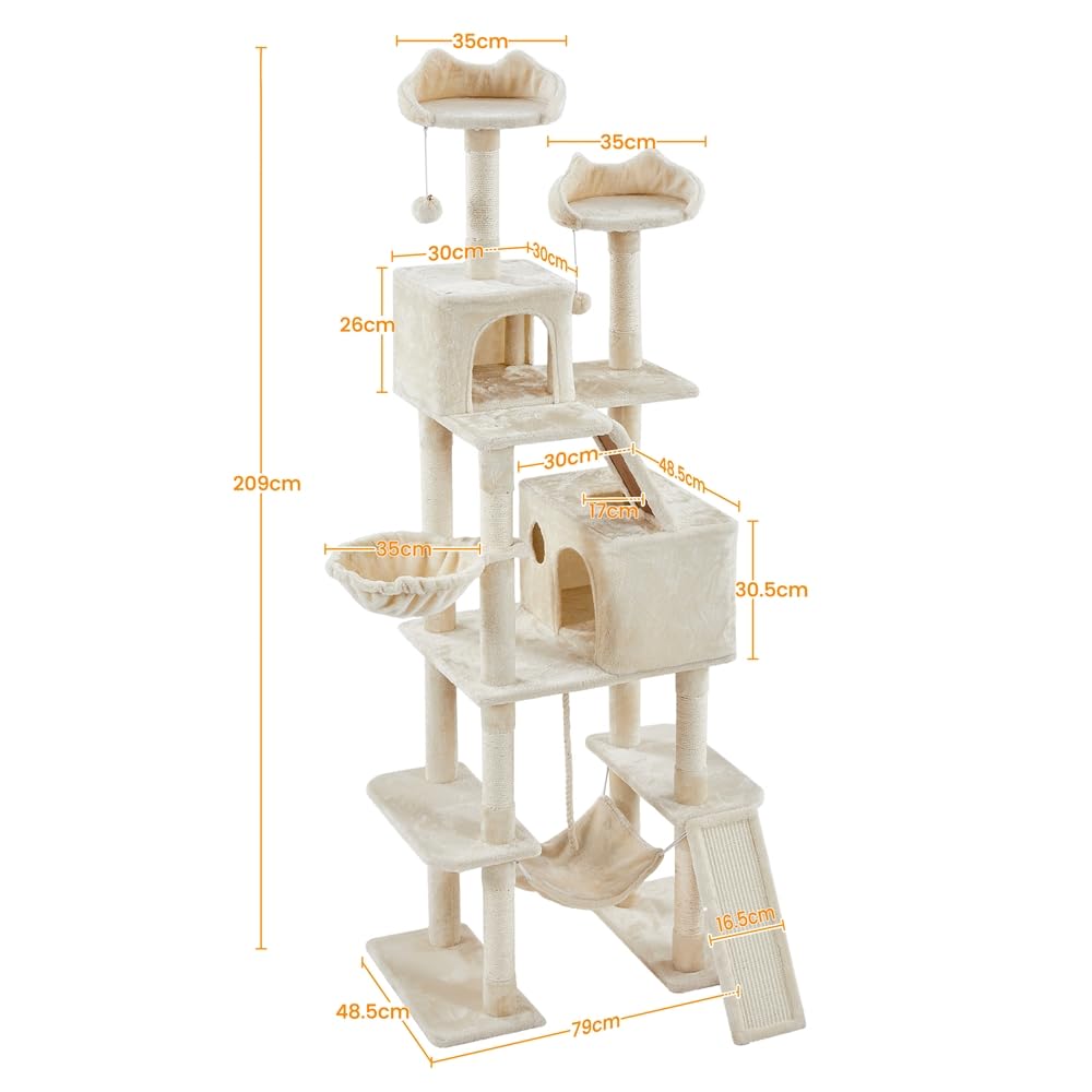 Albero Tiragraffi per Gatti in Truciolato Altezza 209 cm Corda in Sisal con Condomini e Amaca Multilivello Beige