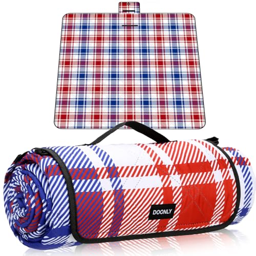 Doonly Picnic Blanket, 78\" x 78\" Large Waterproof Sandproof Beach Blanket, Foldable Outdoor Blanket Picnic Mat for Beach, Camping, Park, Grass, Lawn, Travel (Blue/Red/White)