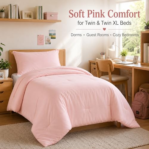 Image of weigelia Pink Comforter Twin Size, 2 Piece Twin Comforter Set with Pillowcase, Soft Microfiber Lightweight Comforter for Twin /Twin XL Bed, Solid Blush Pink Bedding Comforter for Girls Women Dorm Room