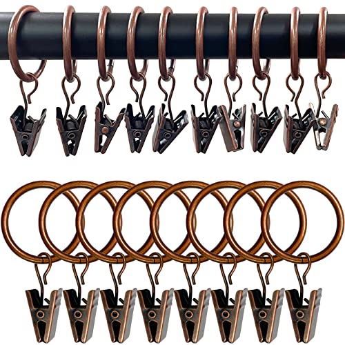 Image of WeeksEight 100 Pack Antique Copper Curtain Rings with Clips, Curtain Hooks Hangers Clip Rings for Hanging Drapes Bows Hat, Drapery Rings 1 in I D, Fits up to 5/8 in Diameter Curtain Rod.