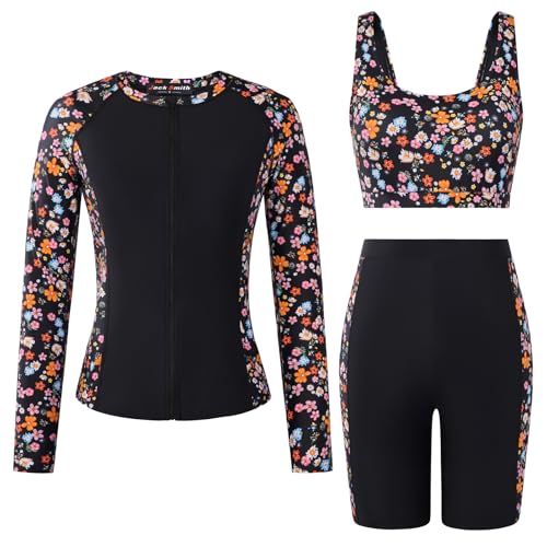 Image of JACK SMITH Women's 3 Piece Long Sleeve Rash Guard Swimsuits Zip Front Bathing Suit Tankini Swimsuits UPF 50