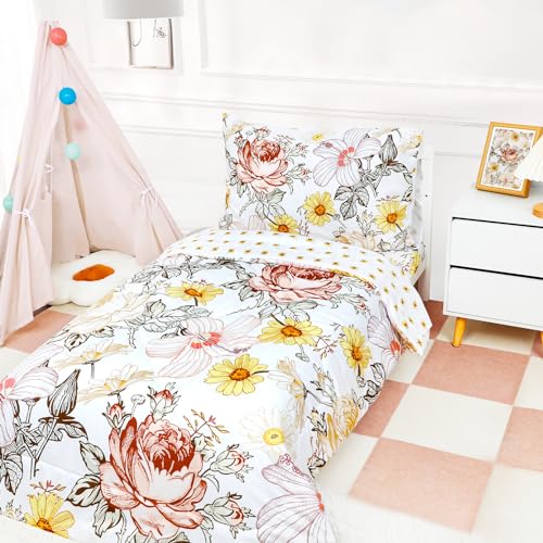 Image of Toddler Bedding Set for Girls, 4 Piece Toddler Comforter Bed Sets, Ultra Soft Breathable Vintage Crib Bedding Set for girls with Flat Top Sheet, Quilted Comforter, Fitted Sheet and Pillowcases, Floral