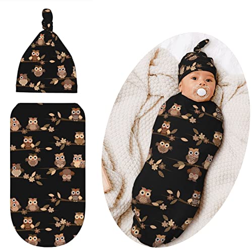 Image of Qwalnely Swaddling Blanket for Baby, Sleeping Sacks, Unisex Baby Stuff with Hat, Black, Owl