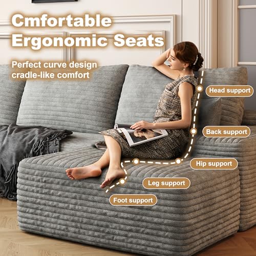 Image of 96 inch Sectional Couches for Living Room Cloud Couch Sofa with L-Shape Upholstered Boneless Couchs Modern Modular Sectional Couch with Chaise (Grey, 108 inch Left Facing Chaise+2Seaters+1Ottoman)