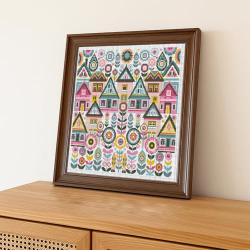Image of FREEBLOSS 11CT Vector Cottage Stamped Cross Stitch Kits Complete Embroidery Kits with Instruction Cross Stitch Wall Hanging Kit for Needlepoint Adults Wall Art Decoration 18x18in /45x45cm