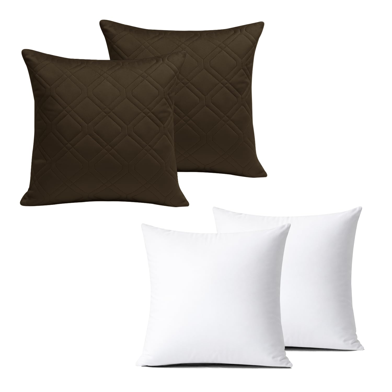 BedLooms Cushions with Covers Included 45x45 cm Coffee Pack of 2 (2-Cushion Covers + 2-Cushion Inners) Ultrasonic Diamond Velvet Square Throw Pillow Cases with Invisible Zipper for Sofa Bedroom