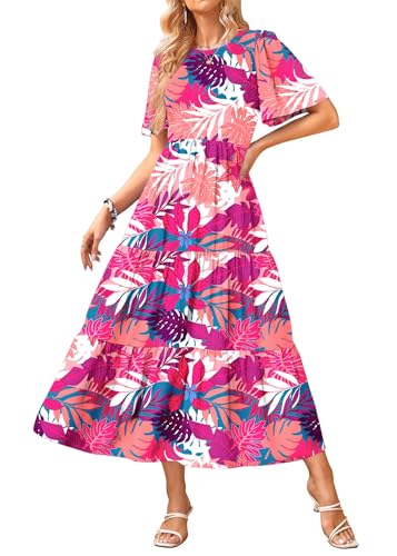 Image of KIRUNDO Summer Dresses for Women 2026 Spring Casual Flutter Short Sleeve Wedding Guest Smocked Flowy Tiered Aline Midi Dress