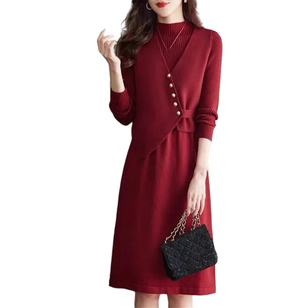 Womens Vest Knitted Dress Two-Piece Set Spring Winter Mid-Length Sweater Skirt