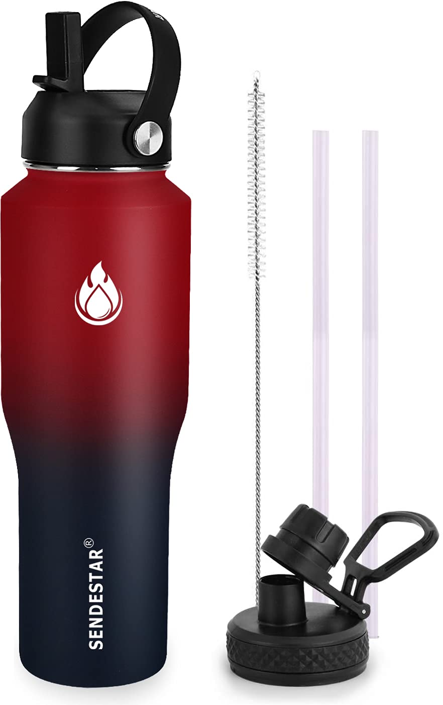 SENDESTAR 32oz Water Bottle Wide Mouth Stainless Steel Vacuum Insulated Double Wall with 2 Lids Fit in Any Car Cup Holder Carbon Red 32 Ounces