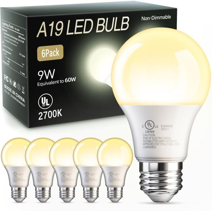 Image of TJOY 6 Pack A19 LED Light Bulbs, 60 Watt Equivalent LED Bulb, Soft Warm White 2700K, Efficient 9W, E26 Standard Base, Non Dimmable Energy Saving Light Bulb, 800LM, 80 CRI, 120V, UL Listed