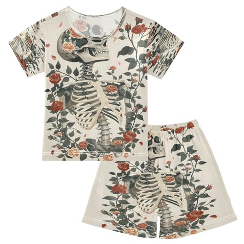 senya Short Sleeve Pajamas Sets Summer Cotton Sleepwear Skeleton Roses