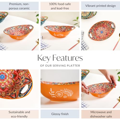 Image of Nestasia Mandala Ceramic Serving Bowl with Handles (400 ml) - Microwave & Dishwasher Safe Pasta Bowl | Floral Bowl with Glossy Finish - Ideal for Soup, Curries, Snacks, Salad & Noodles (Orange)