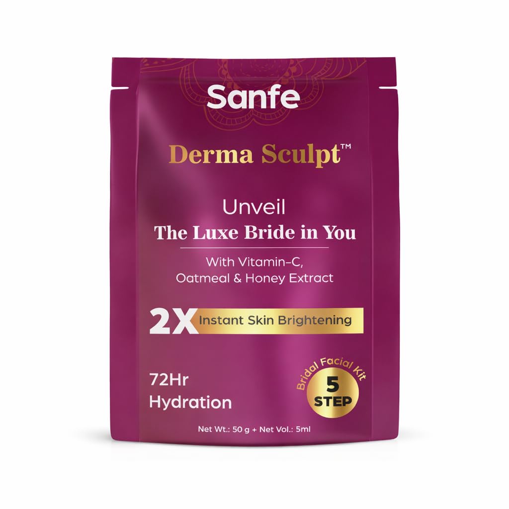 Sanfe Derma Sculpt 5 Step Bridal Facial Kit with Vitamin C, Oatmeal & Honey Extract, 2X Instant Skin Brightening, 72 Hr Hydration, 50g-image-1