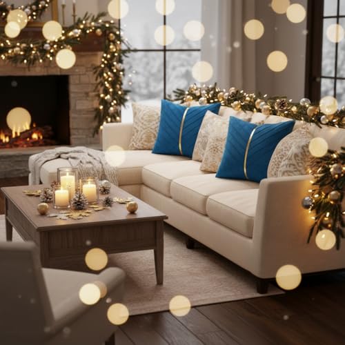 Image of Velvet Throw Pillow Covers 24x24 Pack of 2 Gold Decor Lake Blue