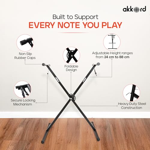 Image of Akkord Single X Adjustable Keyboard Stand for 61-Keys Keyboard - Foldable, Heavy-Duty Steel Frame, Non-Slip Rubber Caps, Secure Locking Pin, Height Adjustable for Digital Piano & MIDI Keyboards