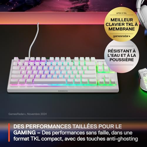 SteelSeries Apex 3 TKL Blanc Clavier Gaming RGB - Format Compact sans pavé numérique - Illumination RGB sur 8 Zones - Résistant à l’Eau et à la poussière - Switchs Gaming Silencieux -Format FR AZERTY