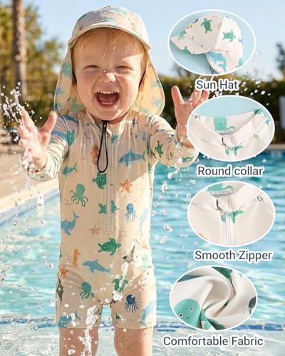 UV Kleidung Baby Badeanzug mit Hut Gr 62-98, Langarm UV Schutzkleidung Schwimmanzug Baby Mädchen Junge, Kleinkind Einteiliger UV Badebekleidung Shirt, Beiger Ozean 2-3 Jahre/92-98